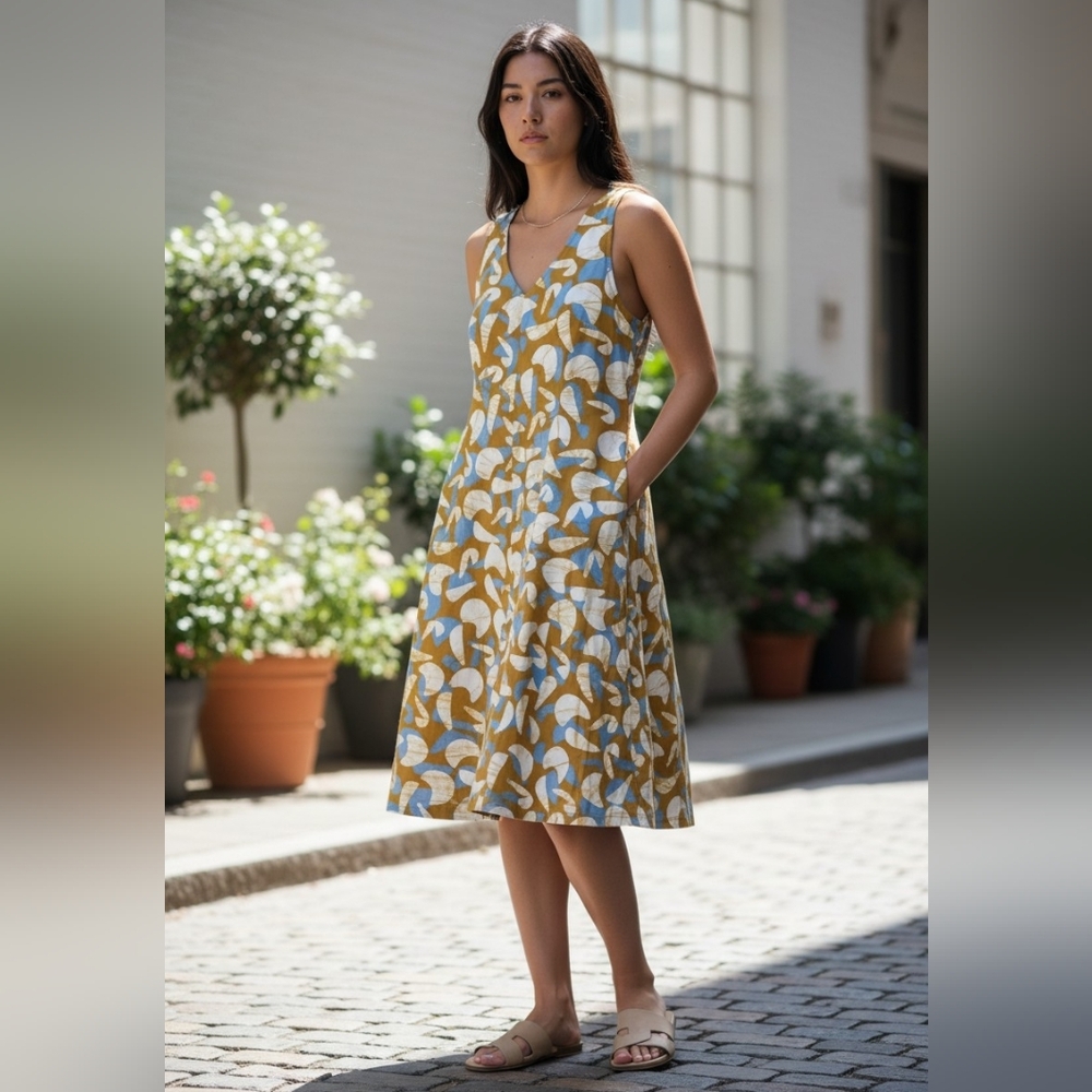 Organic Cotton Sleeveless A-Line Casual Dress in Mustard & Light Blue